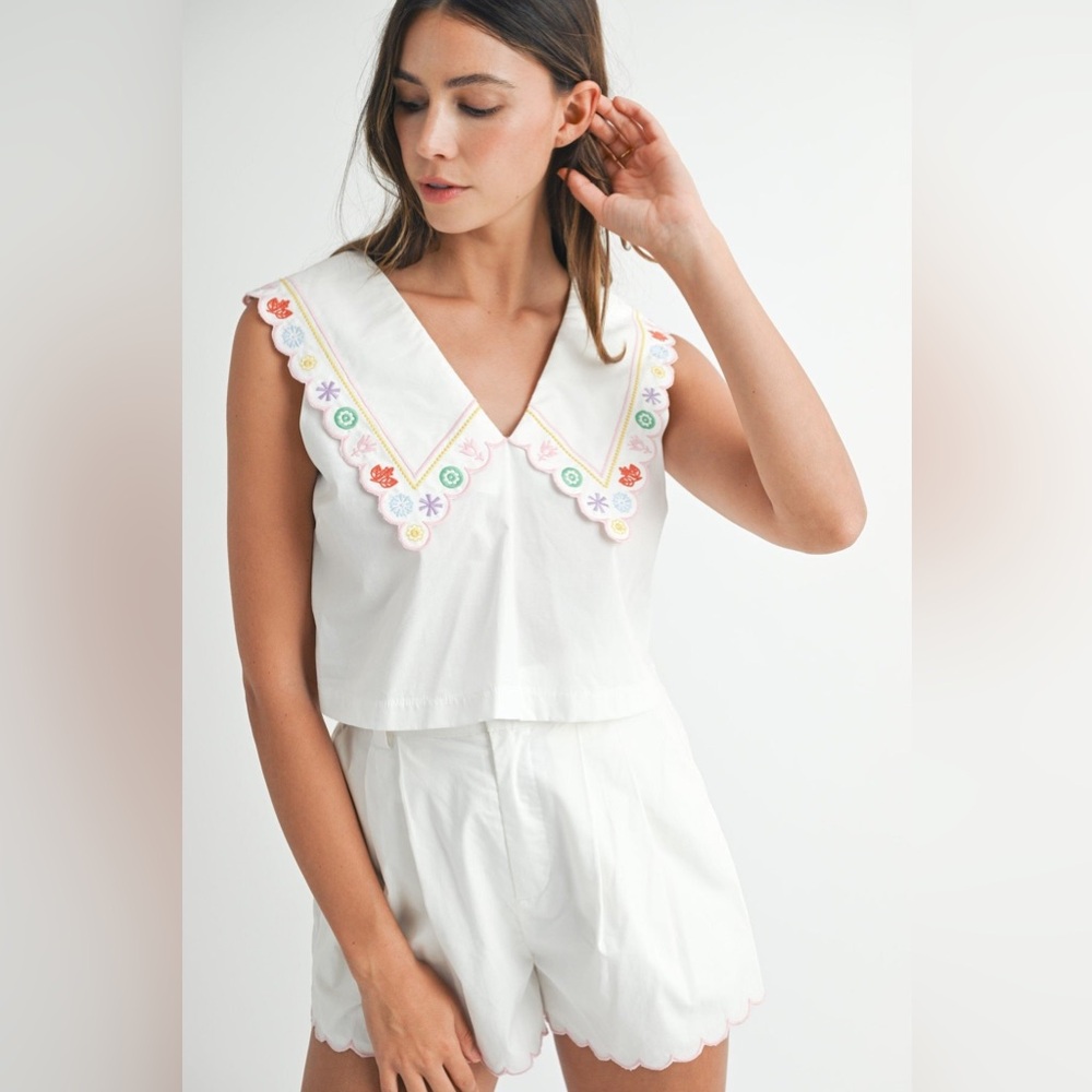 NWOT- White Sleeveless Top and Shorts Set with Embroidered Collar
